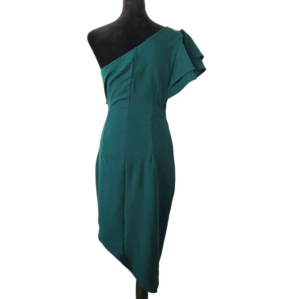 Womens Elegant Asymmetrical Dark Green One-Shoulder Ruffle Dress Size Small Sexy